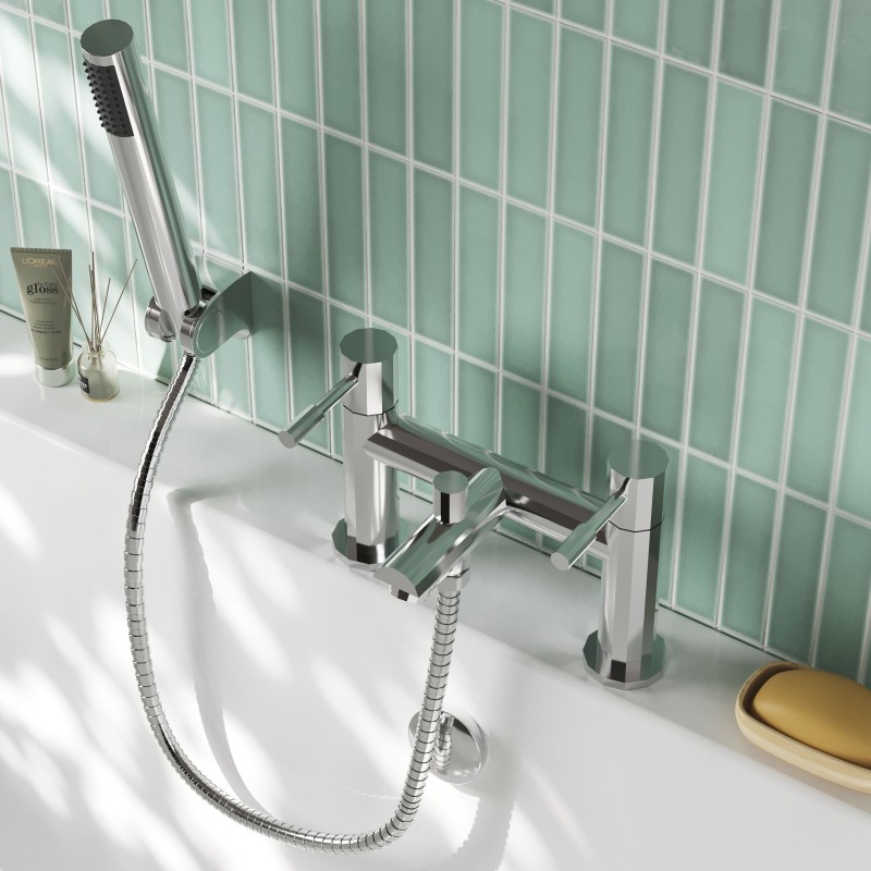 Series 2 Twin Lever Chrome Deck Mounted Bath/Shower Mixer with Hand Shower & Parking Bracket - Insitu