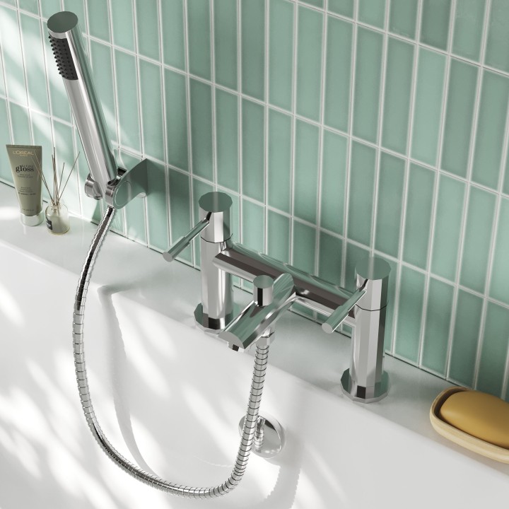 Series 2 Twin Lever Chrome Deck Mounted Bath/Shower Mixer with Hand Shower & Parking Bracket - Insitu