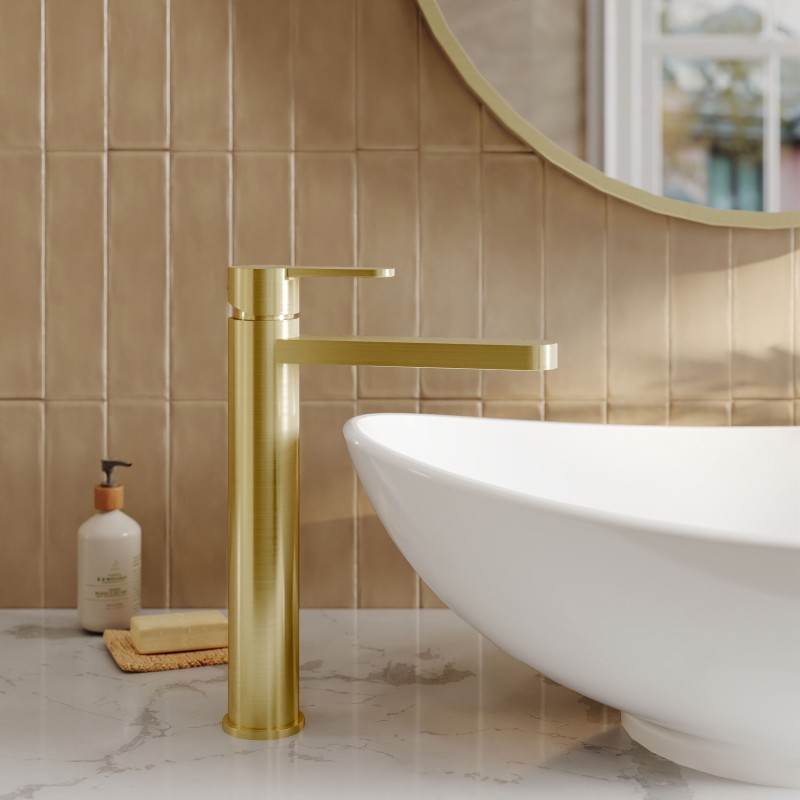 Arvan Brushed Brass High-Rise Mono Basin Mixer Tap - Insitu