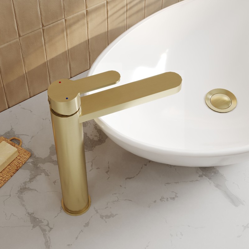 Arvan Brushed Brass High-Rise Mono Basin Mixer Tap - Insitu