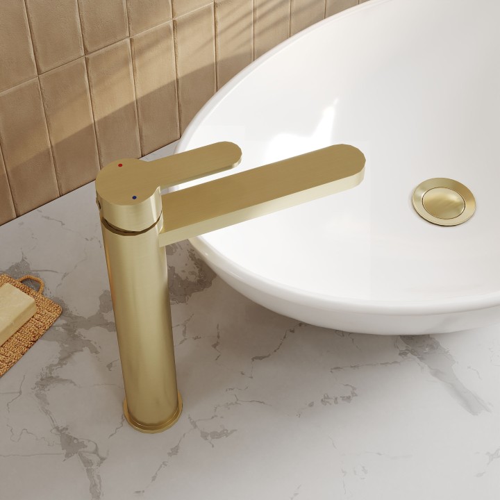 Arvan Brushed Brass High-Rise Mono Basin Mixer Tap - Insitu