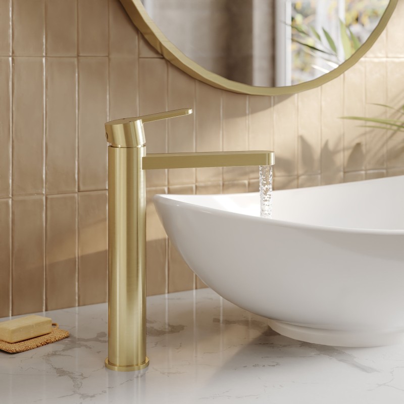 Arvan Brushed Brass High-Rise Mono Basin Mixer Tap - Insitu