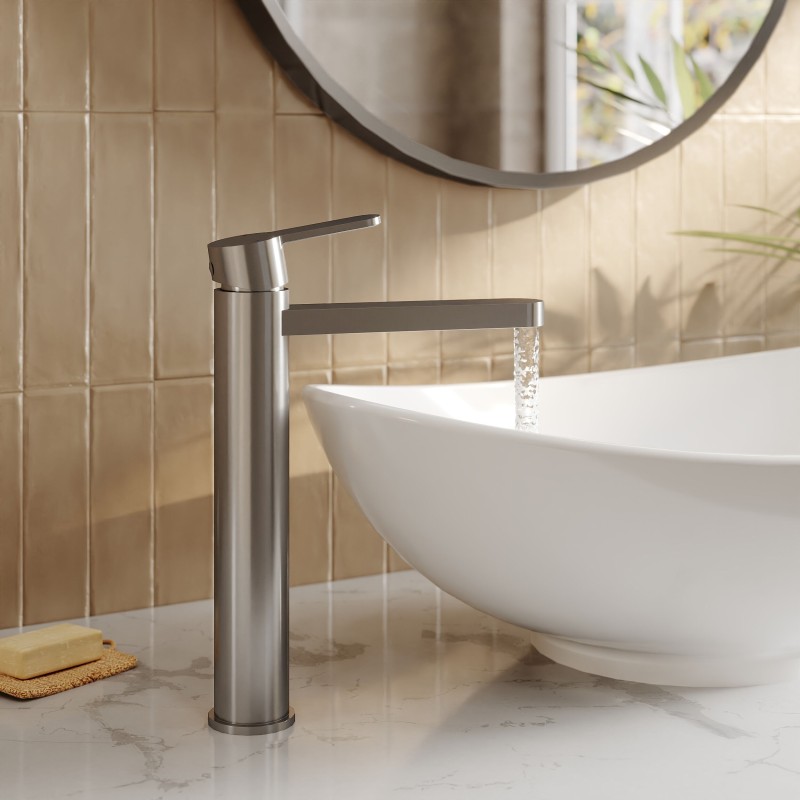 Arvan Brushed Pewter High-Rise Mono Basin Mixer Tap - Insitu