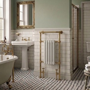 498mm (w) x 940mm (h) Henley Brass & White Traditional Floor Standing Towel Rail Radiator