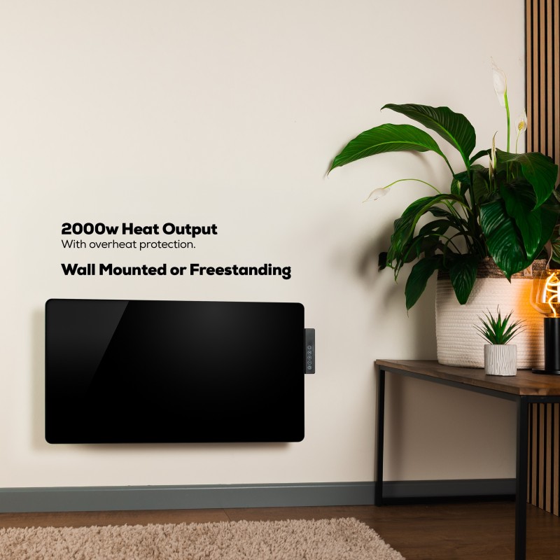 TCP Smart WiFi Black Glass Panel Heater 2000W, Alexa Compatible, Open Window Detector, Wall Mounted & Freestanding