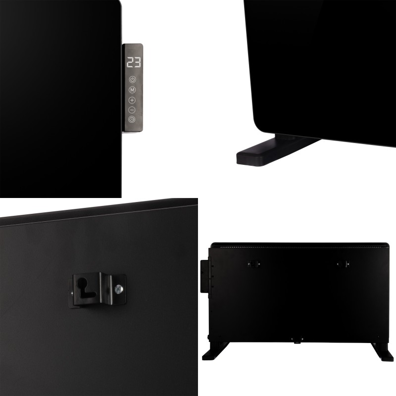 TCP Smart WiFi Black Glass Panel Heater 2000W, Alexa Compatible, Open Window Detector, Wall Mounted & Freestanding