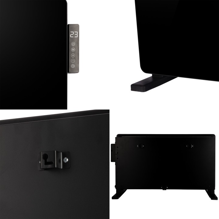 TCP Smart WiFi Black Glass Panel Heater 2000W, Alexa Compatible, Open Window Detector, Wall Mounted & Freestanding