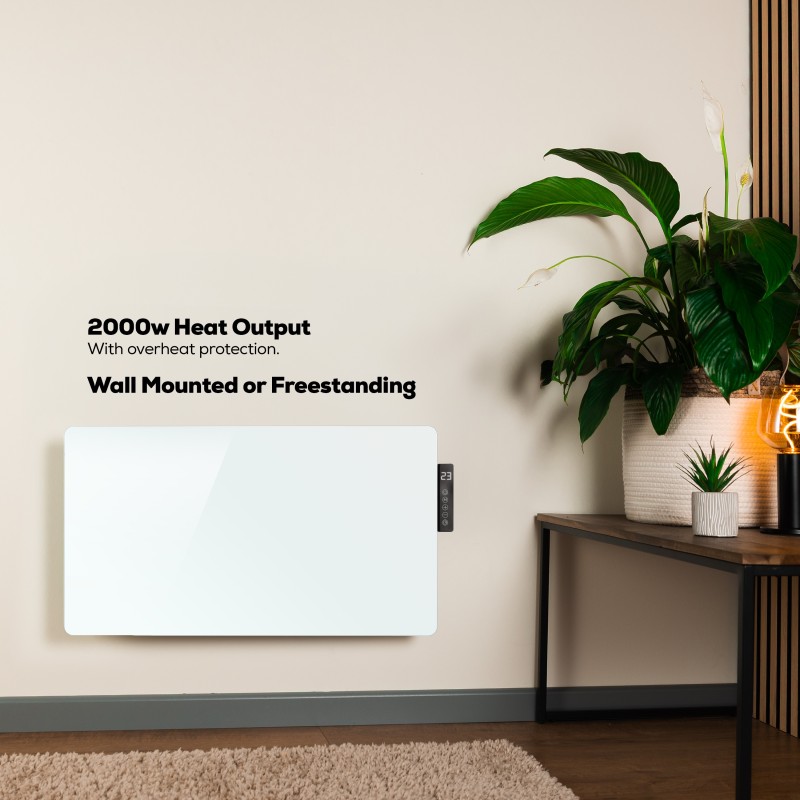 TCP Smart WiFi White Glass Panel Heater 2000W, Alexa Compatible, Open Window Detector, Wall Mounted & Freestanding Heater