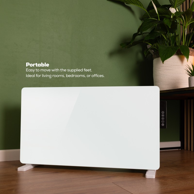 TCP Smart WiFi White Glass Panel Heater 2000W, Alexa Compatible, Open Window Detector, Wall Mounted & Freestanding Heater