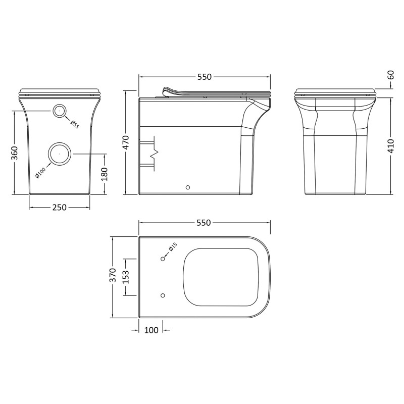 Ava Square Back To Wall Toilet Pan & Soft Close Seat - Technical Drawing