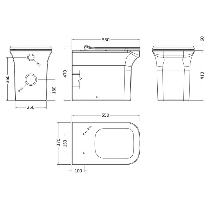 Ava Square Back To Wall Toilet Pan & Soft Close Seat - Technical Drawing