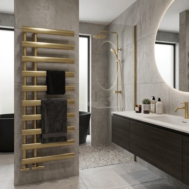 500mm (w) x 1140mm (h) Velox Brushed Brass Designer Towel Rail