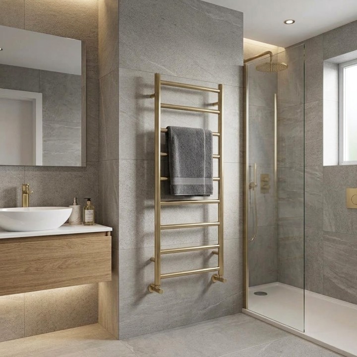 500mm (w) x 1200mm (h) Aqua Brushed Brass Designer Towel Rail