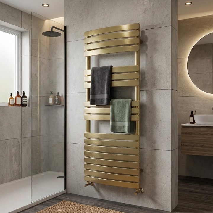 500mm (w) x 1200mm (h) Castell Brushed Brass Designer Towel Rail