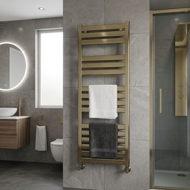 500mm (w) x 1200mm (h) Fortis Brushed Brass Designer Towel Rail
