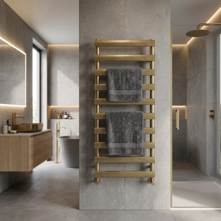 500mm (w) x 1140mm (h) Verus Brushed Brass Designer Towel Rail
