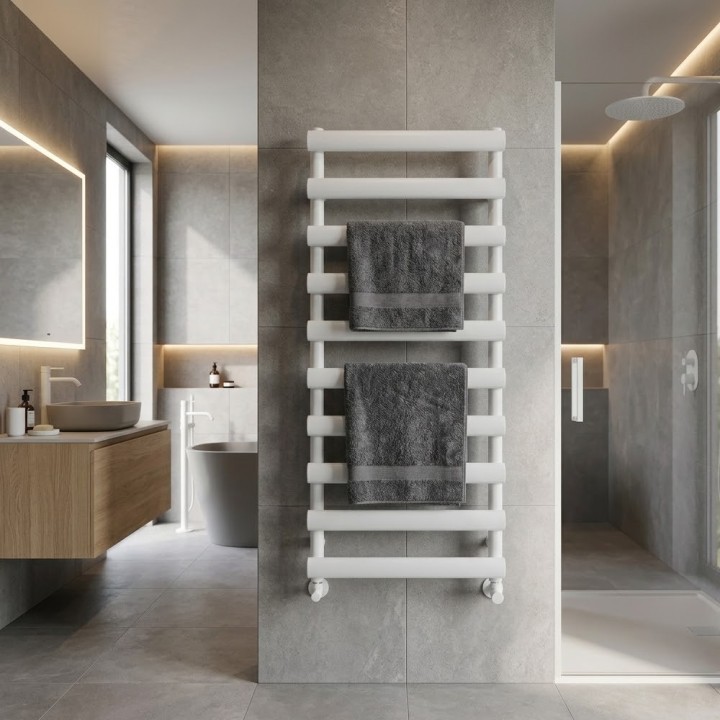 500mm (w) x 1140mm (h) Verus White Designer Towel Rail
