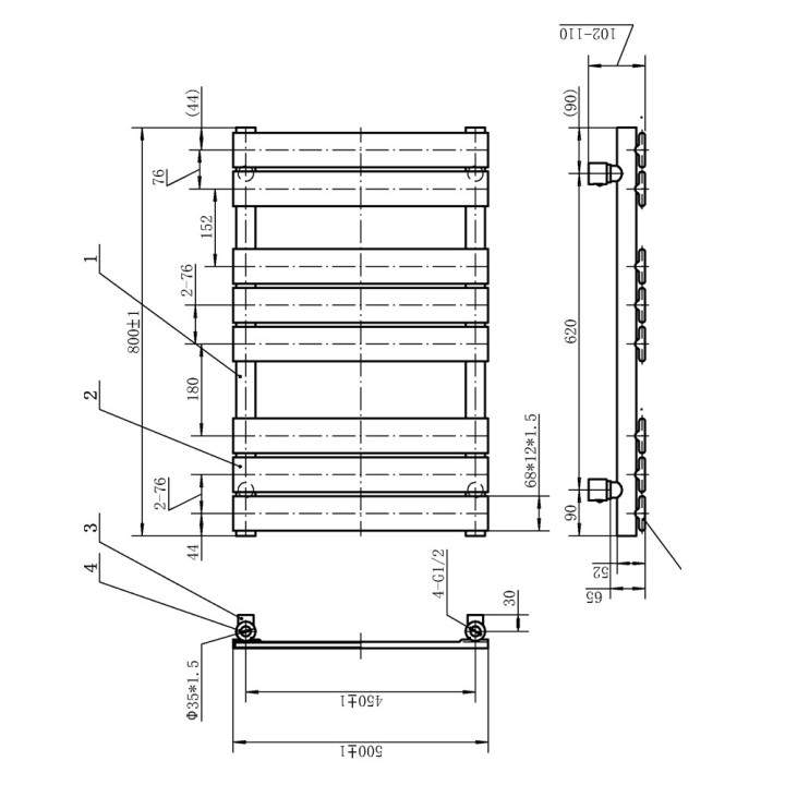 500mm (w) x 800mm (h) Lux White Designer Towel Rail