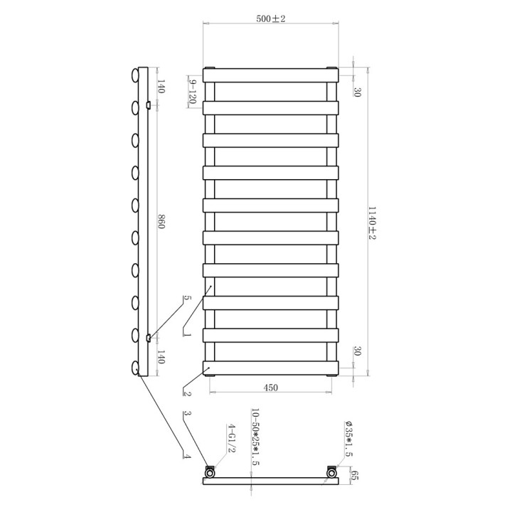 500mm (w) x 1140mm (h) Verus Brushed Brass Designer Towel Rail