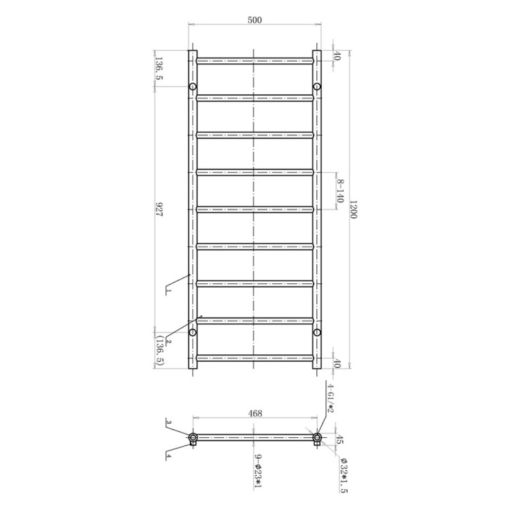 500mm (w) x 1200mm (h) Aqua Brushed Brass Designer Towel Rail