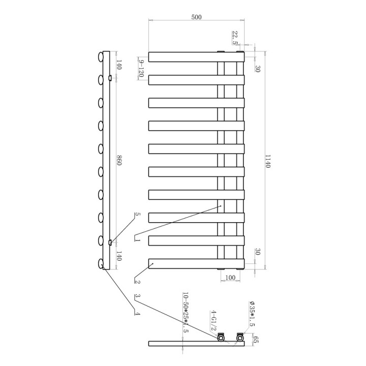 500mm (w) x 1140mm (h) Velox Brushed Brass Designer Towel Rail