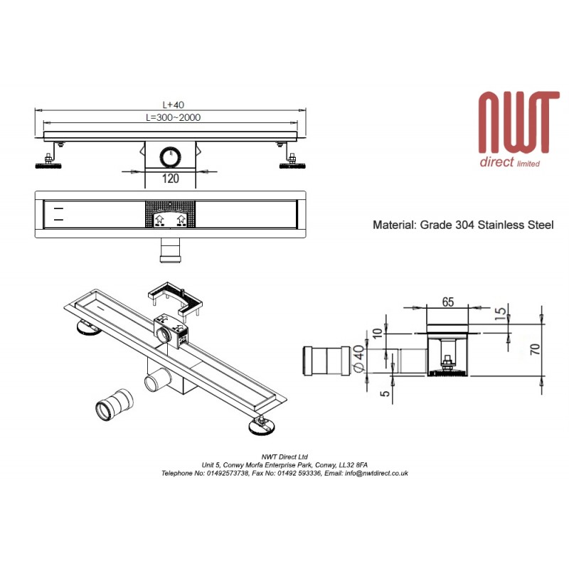 Design 1 - Stainless Steel "Rectangular" Wetroom Drainage System - 5 Sizes (600mm to 1500mm)