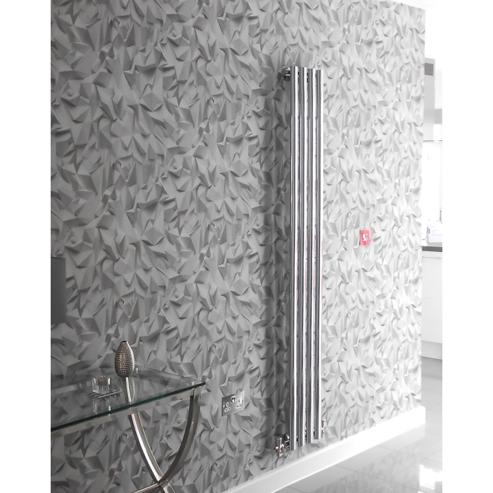 280mm W x 1800mm H Brecon vertical chrome radiator in modern living room