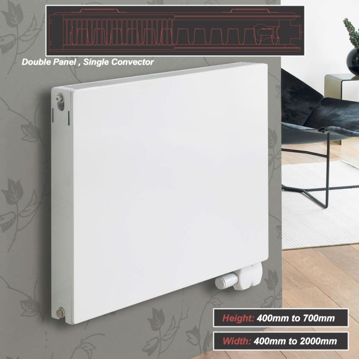 Ultraheat "Planal" Flat Panel Horizontal White Radiator (47 Sizes - Double Panel, Single Convector)