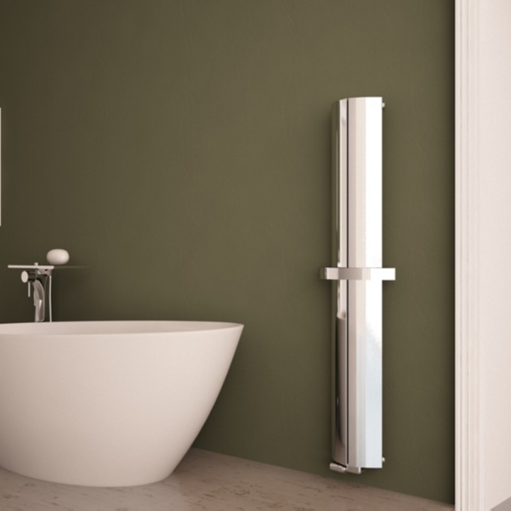 Carisa "Nixie Bath" Polished Anodised Aluminium Vertical Designer Radiators & Chrome Towel Bar (3 Sizes)