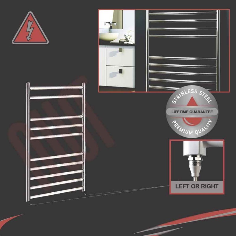500mm (w) x 800mm (h) Electric Stainless Steel Towel Rail (Single Heat or Thermostatic Option)