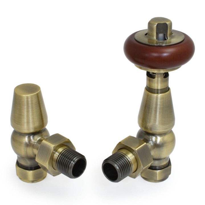 Angled "Belgravia" Thermostatic Traditional Radiator Valves - Antique Brass