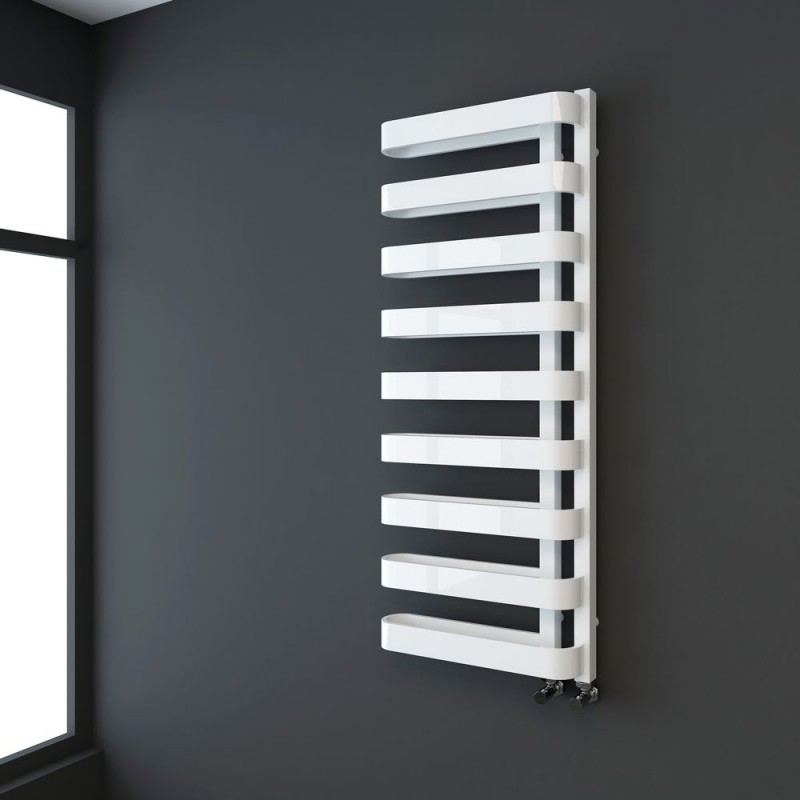 500mm(w) x 1300mm(h) "Barlo" White Designer Towel Rail (Left or Right Install)