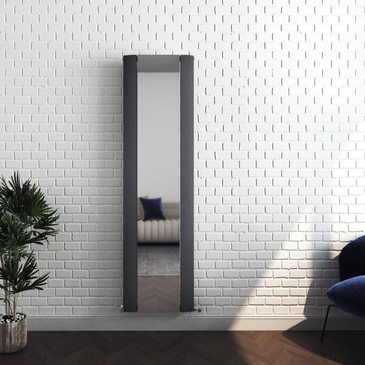 470mm (w) x 1800mm (h) "Cariad" Double Panel Anthracite Vertical Aluminium Mirror Radiator - Close up