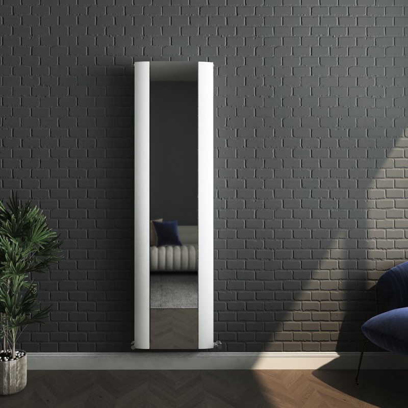 470mm (w) x 1800mm (h) "Cariad" Single Panel White Vertical Aluminium Mirror Radiator - Close up