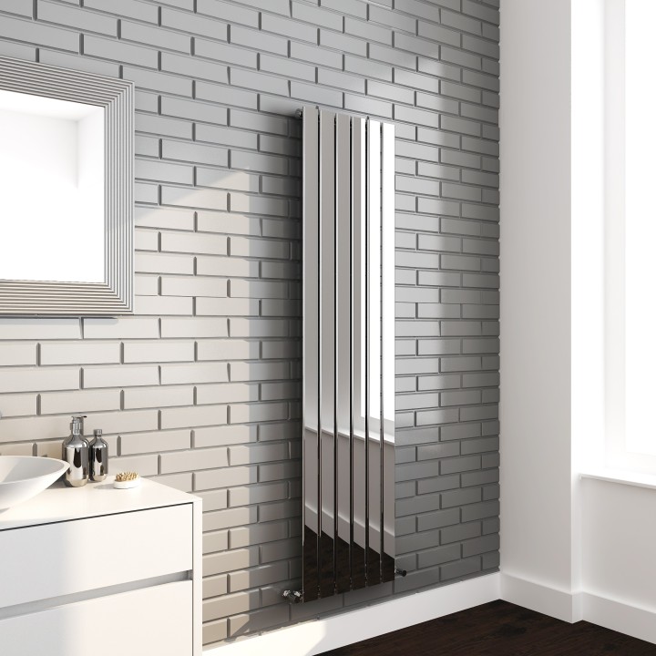 450mm (w) x 1800mm (h) "Luna" Designer Chrome Vertical Flat Panel Radiator (6 Sections) - Insitu