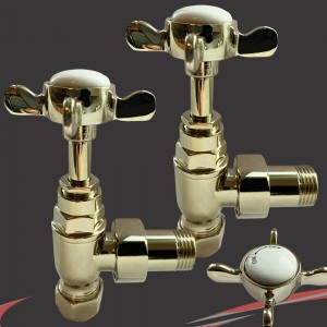 Angled Gold Traditional "Cross Head" Valves for Radiators & Towel Rails (Pair)