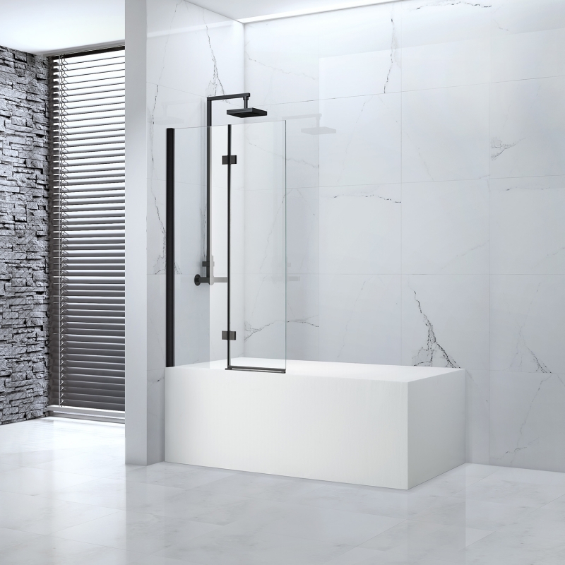 Black Fixed Panel with Hinged Bath Screen - 900mm(w) x 1500mm(h) - 8mm Glass