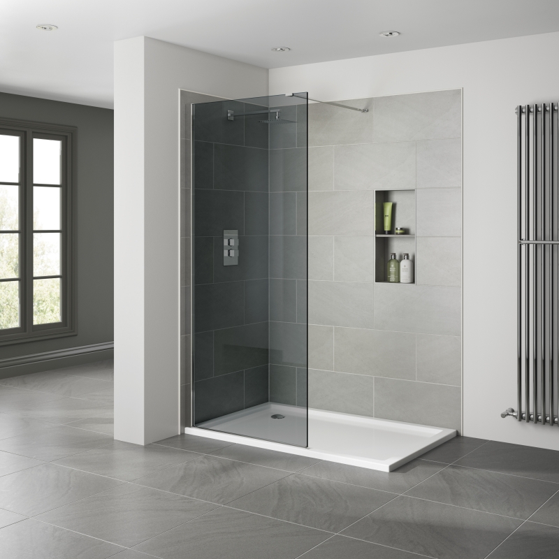 700mm To 1600mm(W) x 2000mm(H) Prestige Walk-in Chrome Tinted Glass Shower Screens (Toughened Glass & Chrome Support Arm)