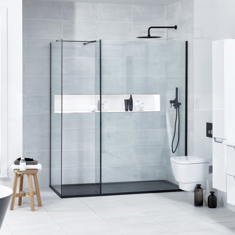 800mm or 1000mm(W) x 1850mm(H) "Onyx" L-Shaped Walk-in Shower Enclosure (Toughened Glass & Black Support Arm)