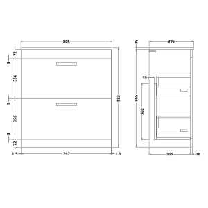 Athena Natural Oak 800mm Floor Standing Cabinet & Minimalist Basin  - Technical