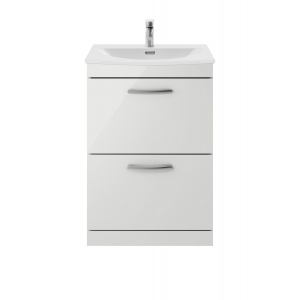 Athena Gloss Grey Mist 600mm 2 Drawer Floor Standing Cabinet With Curved Basin