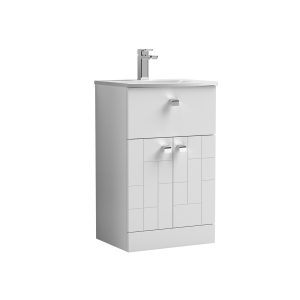 Blocks Satin White 500mm 2 Door & Single Drawer Floor Standing Vanity Unit & Curved Basin