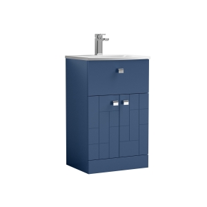 Blocks Satin Blue 500mm 2 Door & Single Drawer Floor Standing Vanity Unit & Curved Basin