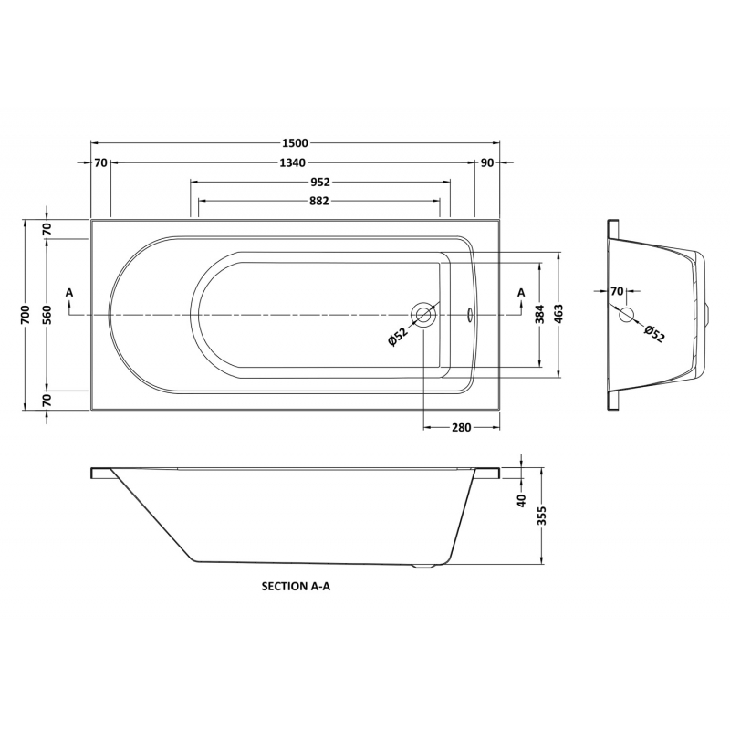 Standard Single Ended Bath 1500mm x 700mm  - Technical