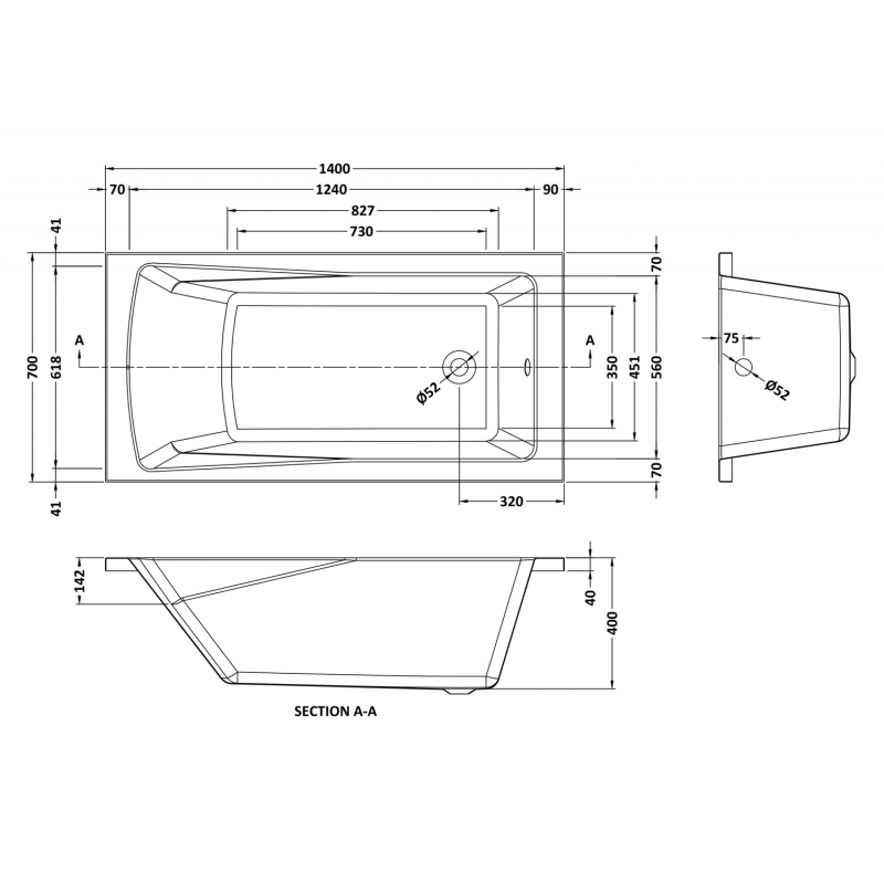 Square Single Ended Bath 1400mm x 700mm  - Technical