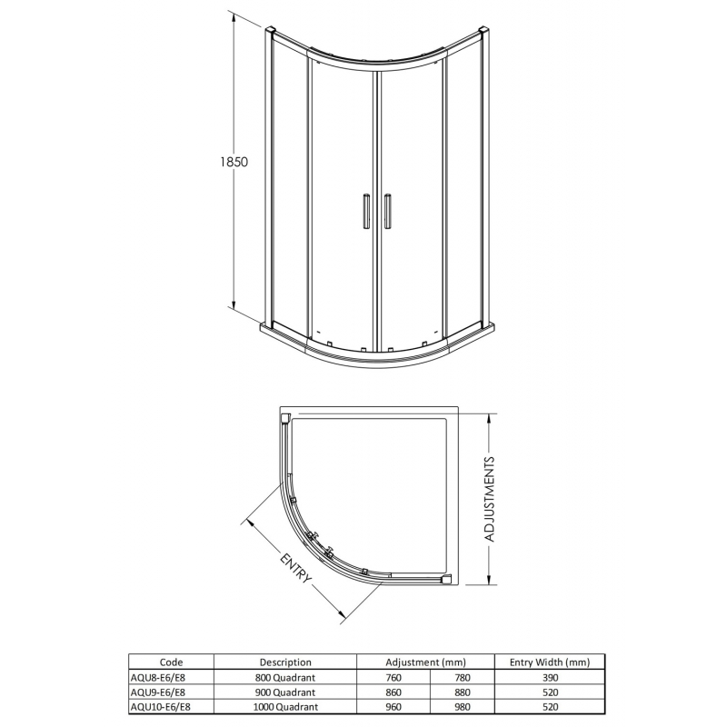 Pacific 6mm Quadrant Shower Enclosure with Square Handles - Technical