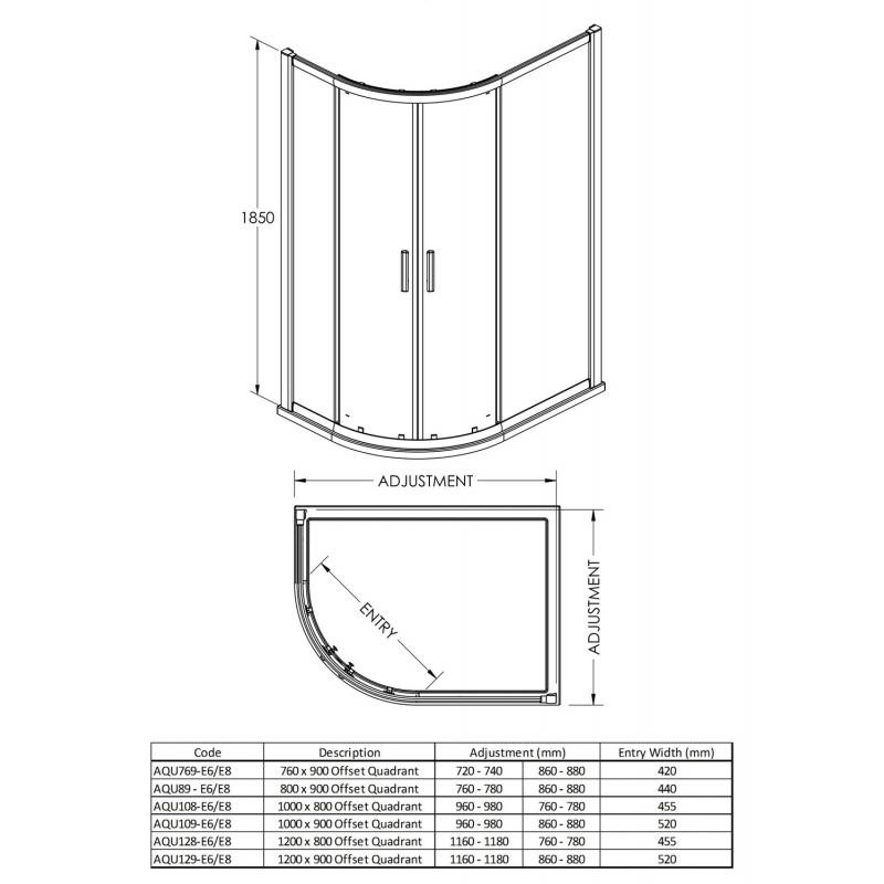 Pacific 6mm Offset Quadrant Shower Enclosure with Square Handles  - Technical