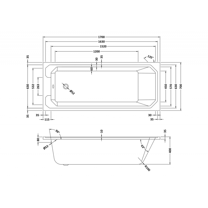 Ascott Art Deco Bath 1700mm x 700mm  - Technical