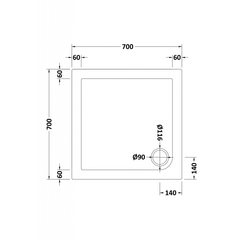 Square Shower Tray 700mm x 700mm  - Technical