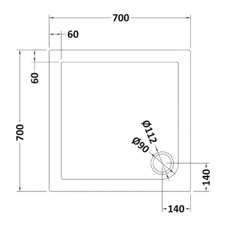 Slate Grey Square Shower Tray 700mm x 700mm  - Technical